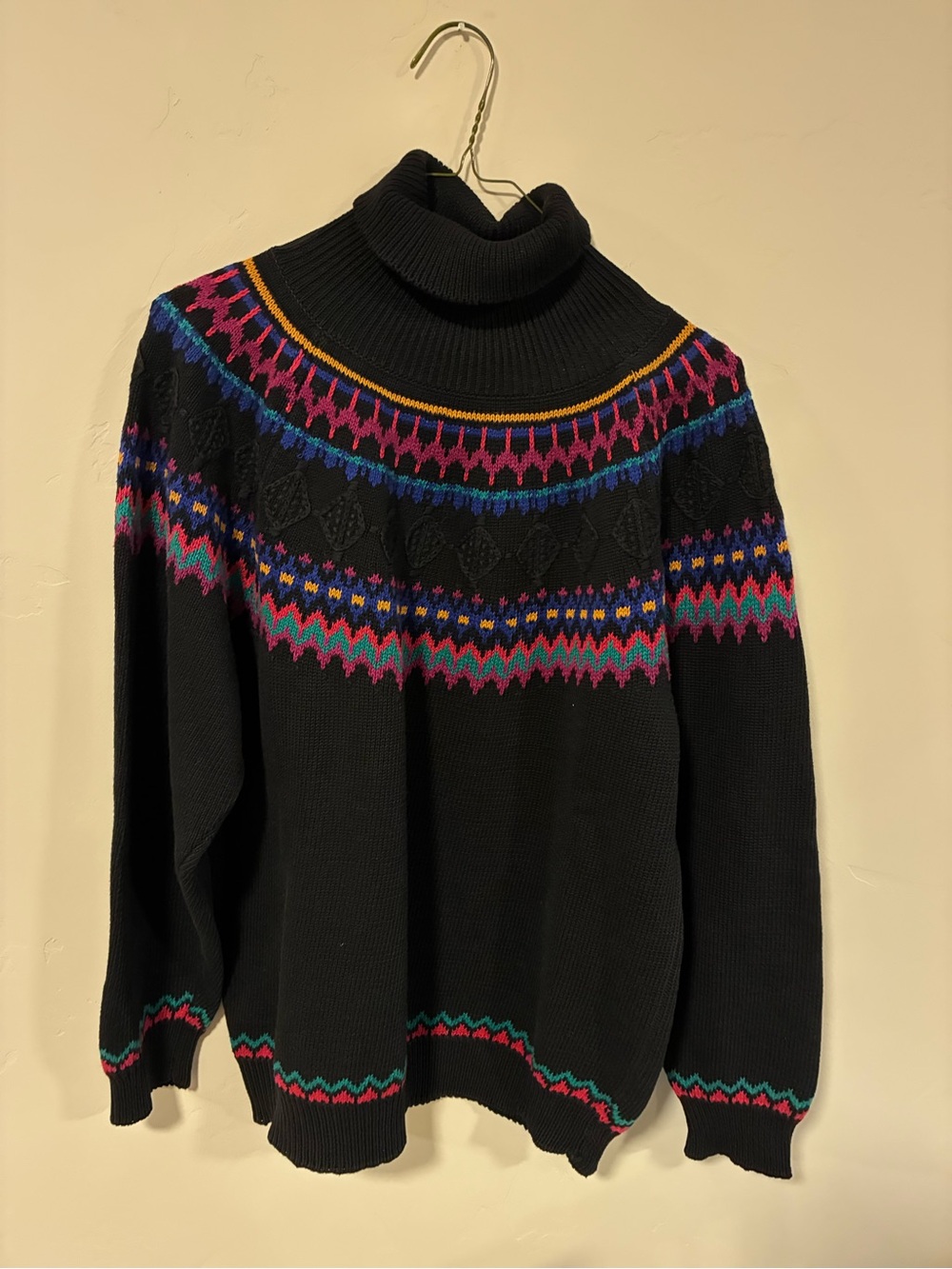 Rare vintage Eddie Bauer Black Turtleneck Sweater with Multicolor Fair Isle Yoke